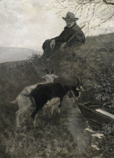 Goatherd with Animals at a Watering Place by Hermann Pleuer